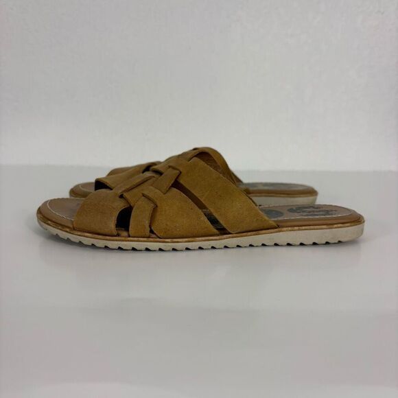 Sorel Tan Leather Sandals Woven Criss Cross Detail Slide Flats Size 7.5 - Picture 1 of 11